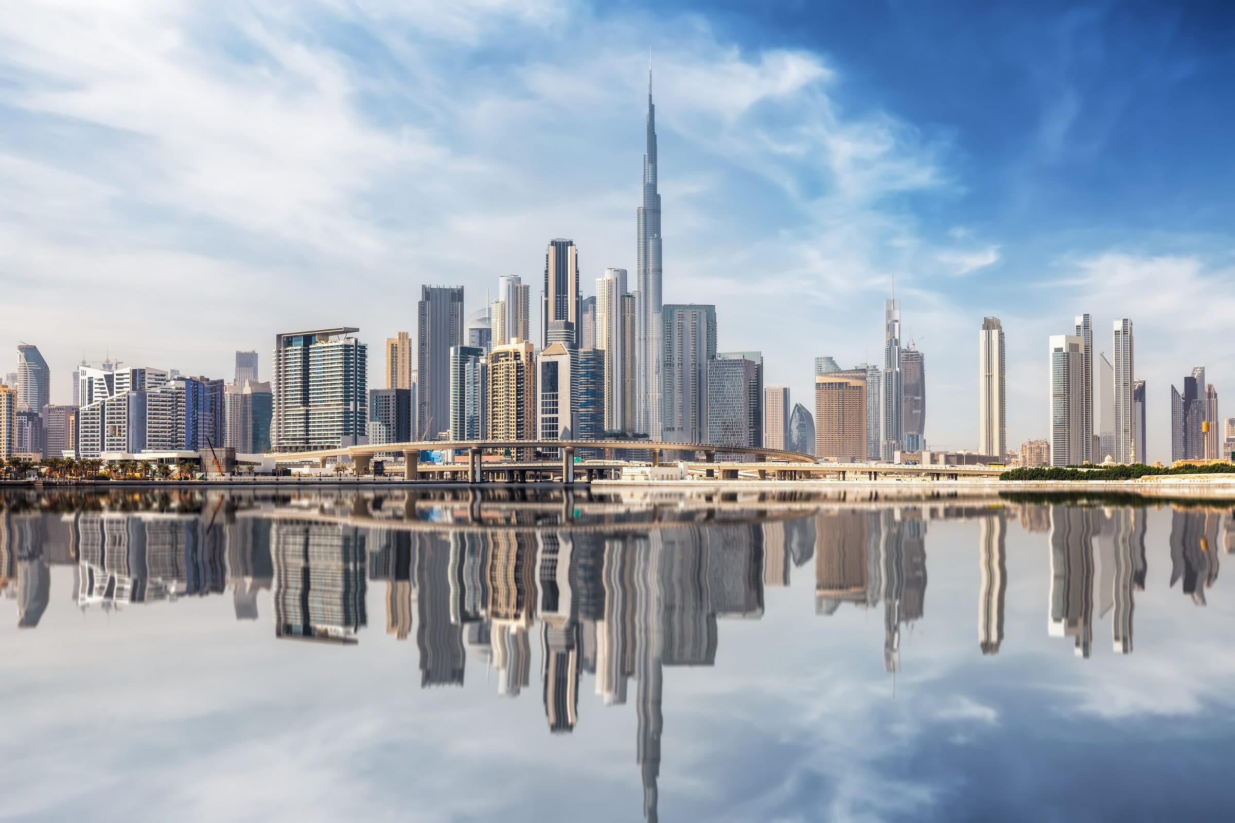Downtown Dubai skyline reflected in the water