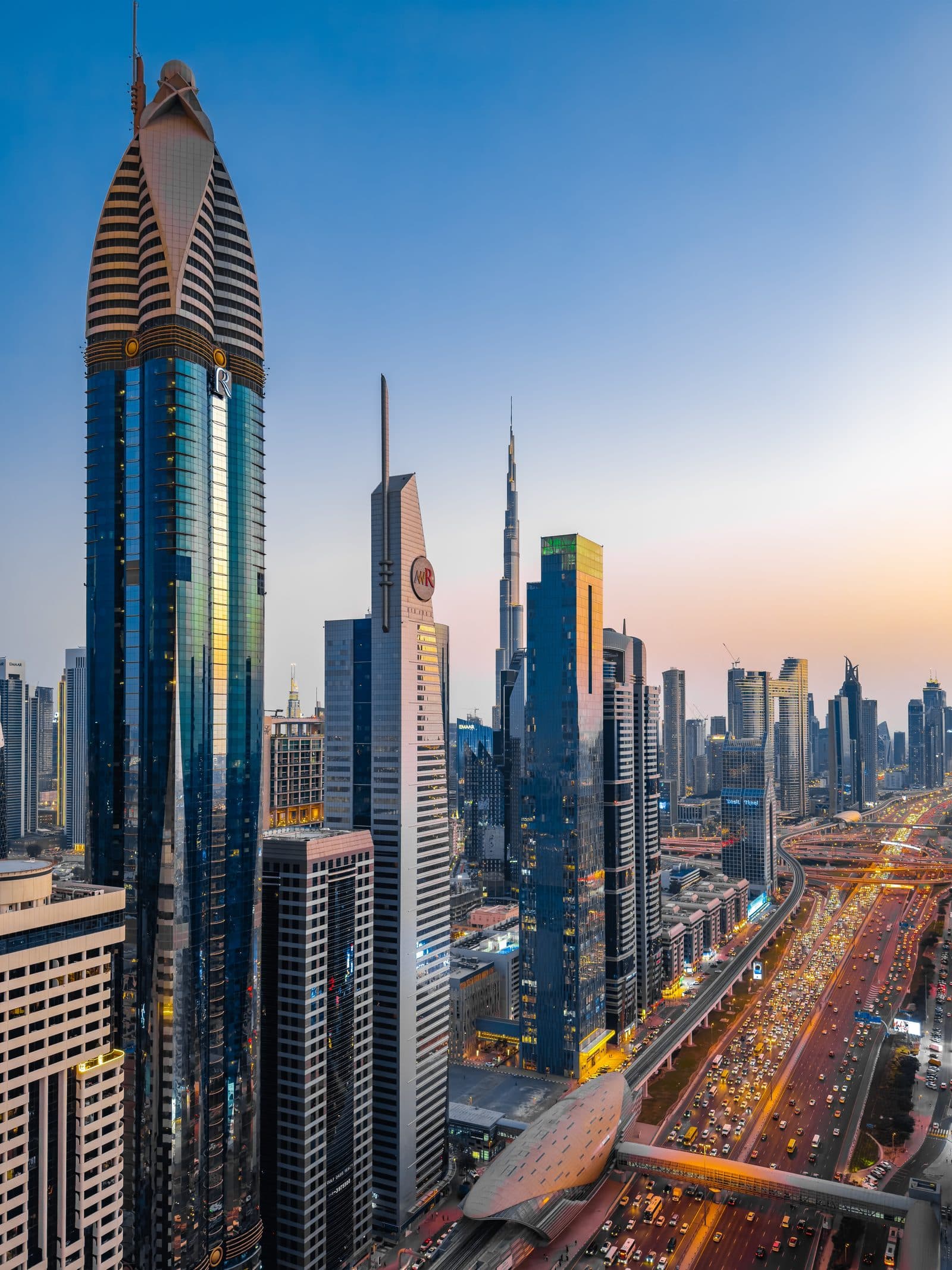 Sheikh Zayed Road skyline at dusk